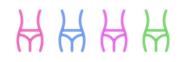 Neon glowing female waist vector icons set, weight loss, body shape, slim figure, diet, fitness, health, vibrant colorful digital design illustration on transparent background.