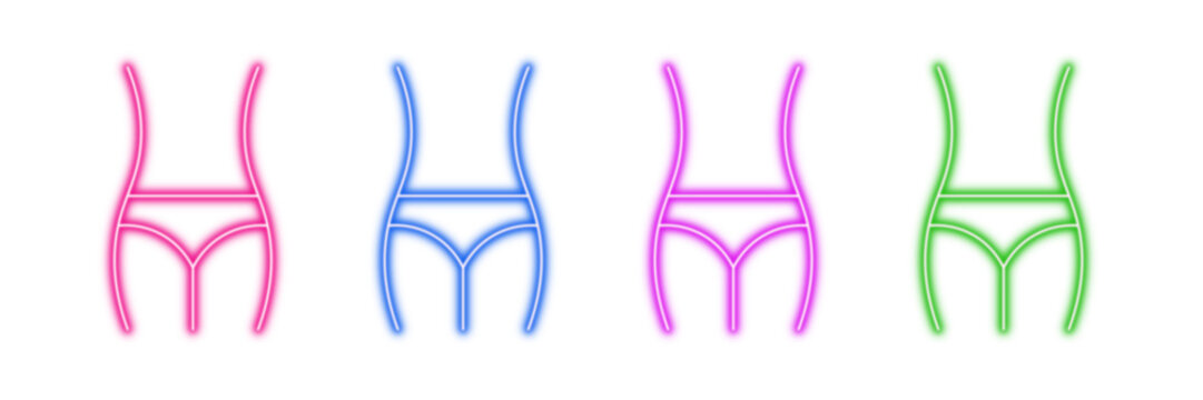 Neon glowing female waist vector icons set, weight loss, body shape, slim figure, diet, fitness, health, vibrant colorful digital design illustration on transparent background.