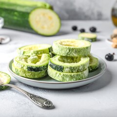 Fresh zucchini, some sliced on a small plate, some whole, on a gray surface. Food is displayed with olives