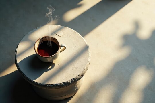 Aromatic Steam Rising from a Cup of Coffee on a Sunlit Stone Table