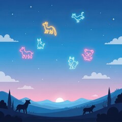 Fototapeta premium Neon animal silhouettes floating in a night sky over a mountainous landscape.