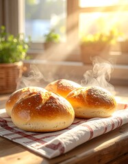 Freshly baked rolls rest on a checkered cloth, steaming gently in bright sunlight near a window
