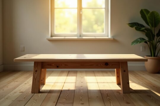 Sunlit Wooden Table on Light Wood Floor in Minimalist Room