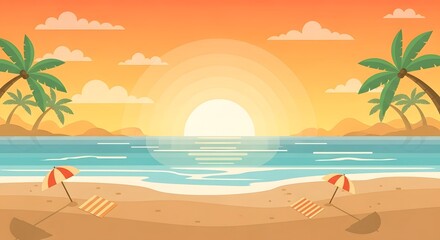 Fototapeta premium Vibrant tropical beach sunset with palm trees, umbrellas, and calm ocean waves, flat design illustration.