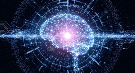 Fototapeta premium Abstract glowing digital brain with neural network connections, symbolizing AI and artificial intelligence.