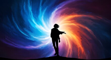 Obraz premium Silhouette of a lone person standing against a swirling, colorful nebula and starry galaxy.