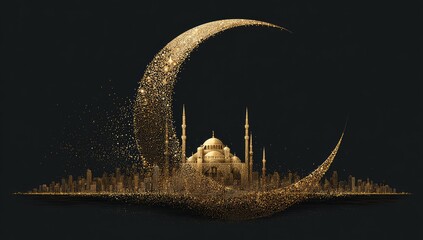 Golden mosque inside crescent moon, shimmering against dark backdrop