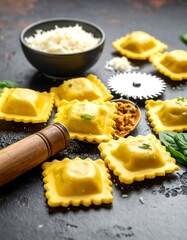 Freshly made ravioli with cheese, herbs, and a rolling cutter on a dark, textured surface