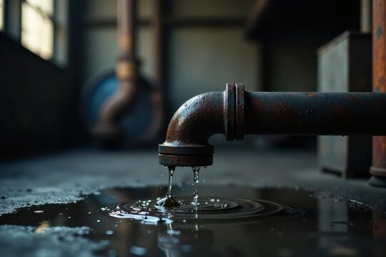 Rusty pipe leaking water onto dark floor in industrial setting
