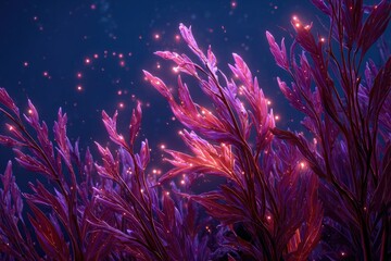 Close-up of glowing, vibrant red and purple plant life with sparking particles in the dark