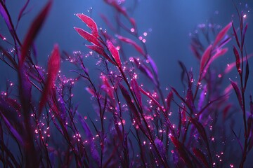 Close-up of glowing pink aquatic plants with bokeh on a dark blue background