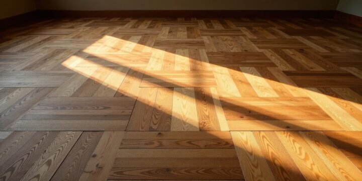 Sunlight Illuminates a Warm, Harmonious, Wooden Parquet Floor with a Subtle Herringbone Pattern