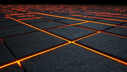 Geometric design featuring dark square tiles with glowing orange lines in a textured surface