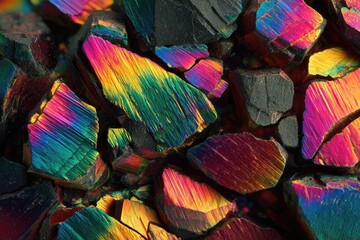 Close-up view of a fractured mineral with a vibrant, iridescent display of colors