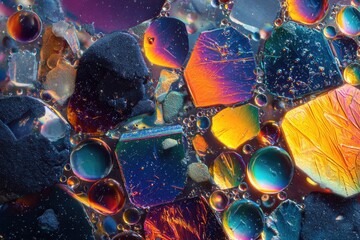 Close-up macro of vibrant, multi-colored mineral crystals and iridescent oil bubbles