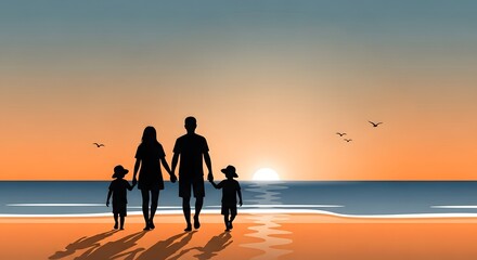 Fototapeta premium Family silhouette walking on a beach at sunset, holding hands, with gentle waves and birds flying overhead