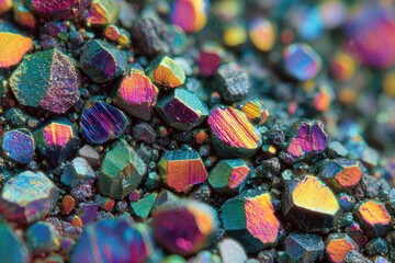 Close-up macro of iridescent, multi-faceted mineral formation, showing crystaline structure