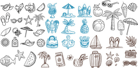 Hand Drawn Summer Vintage Icon Vector Set with Palm Tree Sun Sea Shells and Coral in Doodle Sketch Style