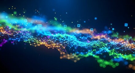 Obraz premium Abstract digital network visualization with glowing colorful nodes and lines against a dark blue background, representing data and connectivity