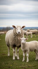 Fototapeta premium Ewe and Lamb Grazing in a Green Pasture.