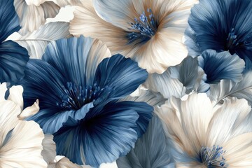 Large close-up of flowers in shades of blue, beige and white, overlapping