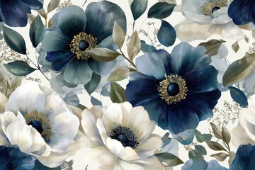Watercolor floral arrangement featuring anemones in shades of blue, white, and gold