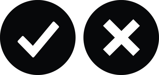 Obraz premium Black circular icons with check and cross symbols, representing approval and rejection, decision-making concept, vector illustration