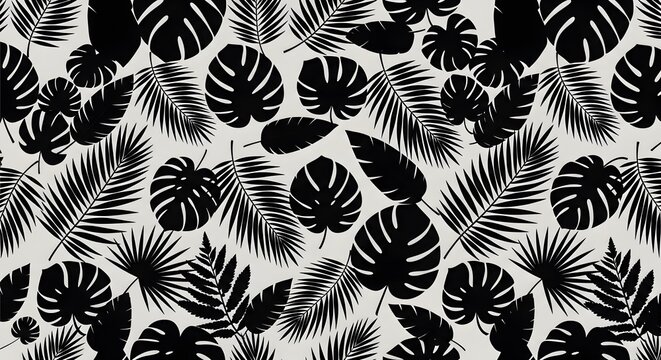 Black and white pattern of tropical leaves, including monstera and palm leaves, on a light grey background.