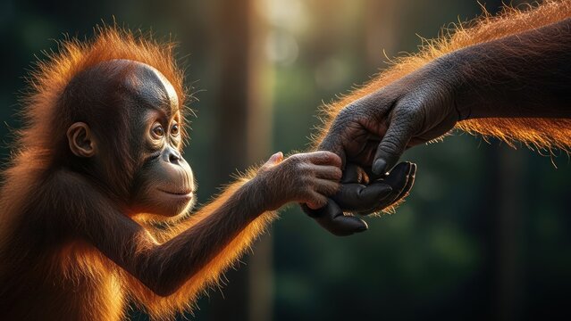 A young orangutan holds hands with an adult orangutan in a forest with warm lighting.