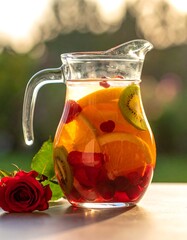 Fruit-filled glass pitcher beside a red rose, illuminated by warm sunlight, sits outdoors with a blurred natural backdrop