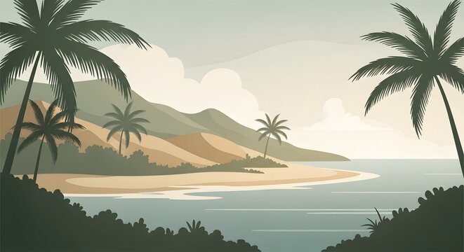 Vector illustration of a serene tropical beach scene with palm trees, sand dunes, and calm ocean waves