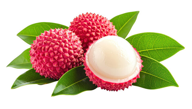 Three pink-red, textured fruits with green leaves; one open revealing white flesh