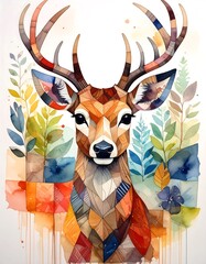 Geometric deer art in watercolor style with colorful patchwork body, standing amidst foliage and flowers