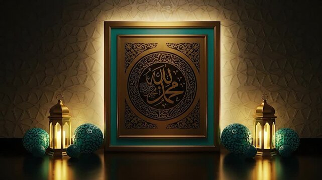 Islamic Calligraphy Art with Lanterns and Ornaments for Ramadan and Eid Celebrations.