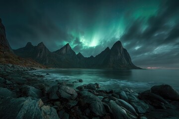 Scenic night landscape with mountains, ocean, shore, and stunning green aurora borealis