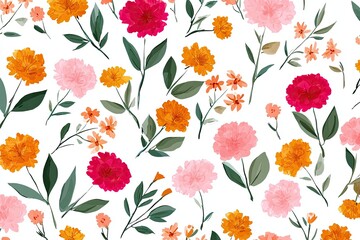 Watercolor floral pattern in vibrant hues, featuring blossoms & leaves on a white backdrop