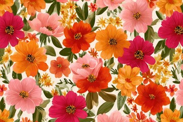 Close-up of vibrant floral pattern featuring diverse blossoms on a cream-colored background