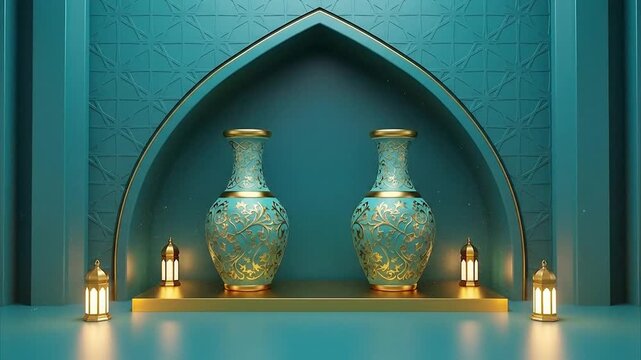 Ramadan Kareem Islamic Background with Lanterns and Vases.