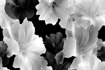Black and white floral pattern, large stylized blossoms against a dark background