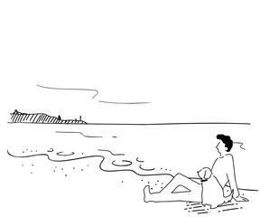犬と海岸に座る男性の線画イラスト