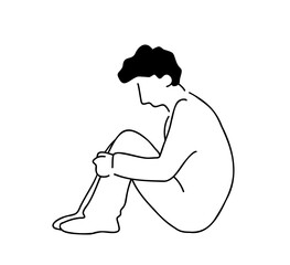 膝を抱える男性の線画イラスト