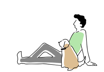 犬と一緒に座っている男性の線画イラスト　色付き