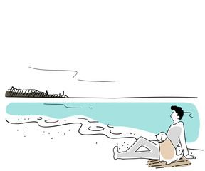 犬と海岸に座る男性の線画イラスト　色付き