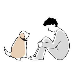 膝を抱える男性と犬の線画イラスト　色付き