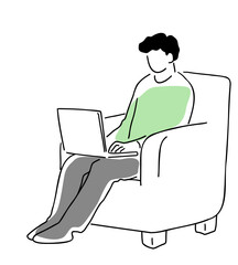ソファに座ってパソコンをする男性の線画イラスト　色付き
