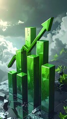 Glossy green bar chart rises against a cloudy sky, symbolizing growth and success on a fractured surface