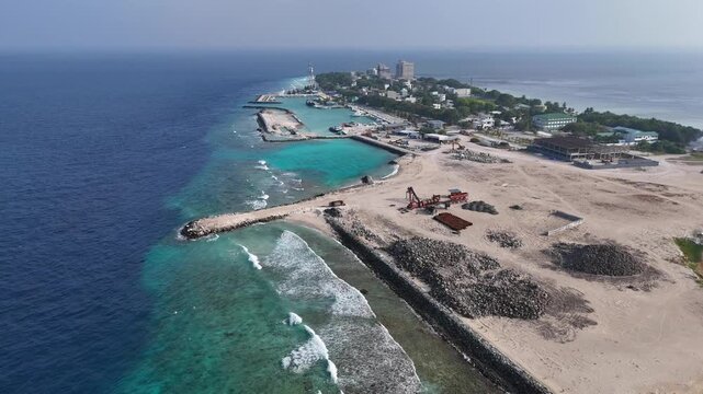 Ukulhas Island Land Reclamation Construction Aerial Drone View Maldives