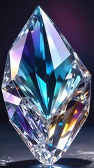 Faceted crystal, vibrant hues reflect, refract light. Gem shape stands out against a dark backdrop, iridescent and sparkling