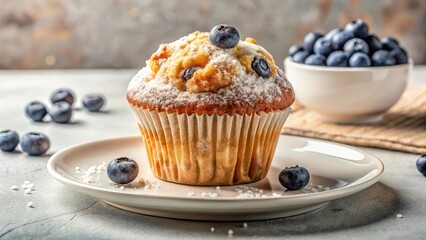 Freshly baked blueberry muffin topped with a crunchy sugar topping, sitting on a white ceramic plate