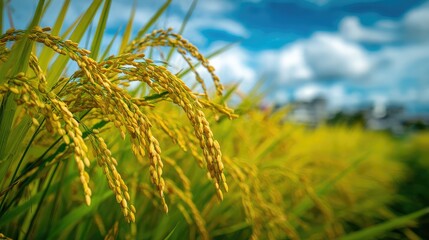 Naklejka premium Golden yellow rice ear of rice growing in autumn paddy field